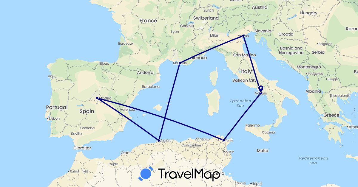 TravelMap itinerary: driving in Algeria, Spain, France, Italy, Tunisia (Africa, Europe)
